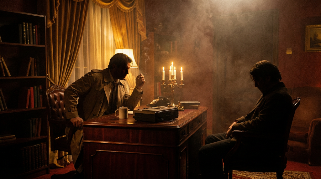 Detective interrogating a suspect in a dimly lit room