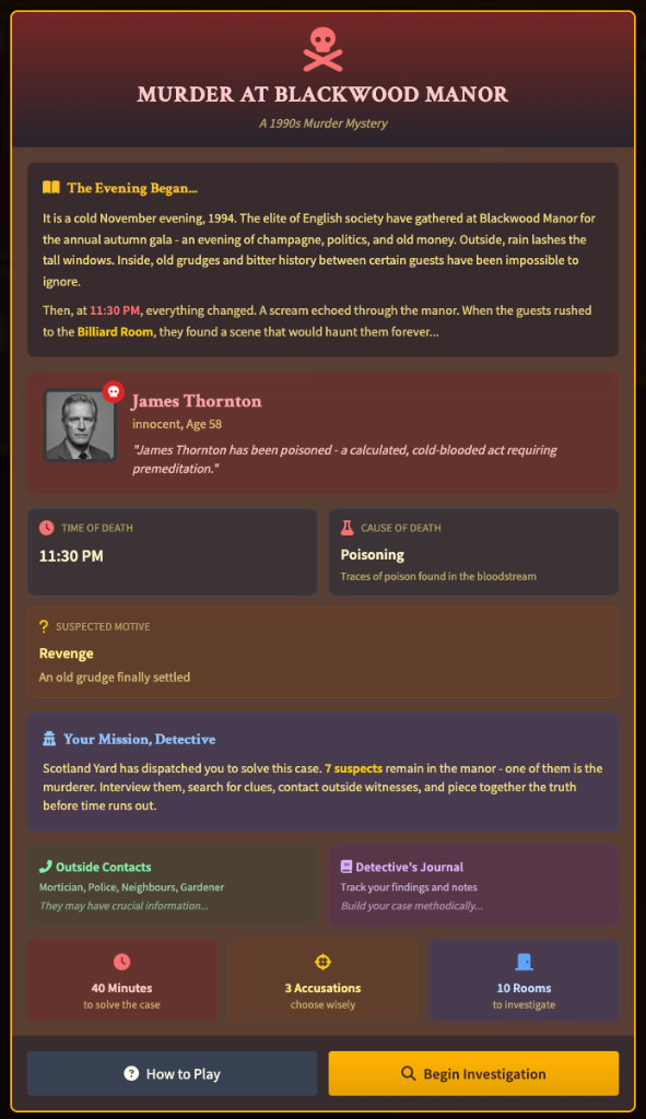 Case briefing screen introducing the victim and the suspects