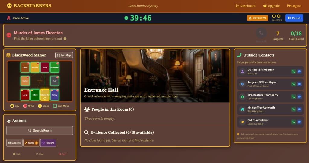 BACKSTABBERS gameplay screen showing the investigation, evidence and countdown timer